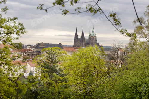 Preview: Spring Prague City With Gothic Castle And The Green Nature And Flowering Trees, Czech Republic