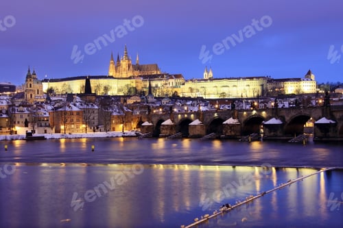 Preview: Snowy Prague Gothic Castle With Charles Bridge In The Night
