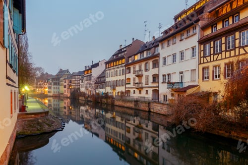 Preview: Half-Timbered House On The Canal At Night In Strasbourg. Alsace.
