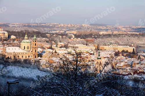 Preview: Christmas Snowy Prague City With St. Nicholas' Cathedral, Czech Republic