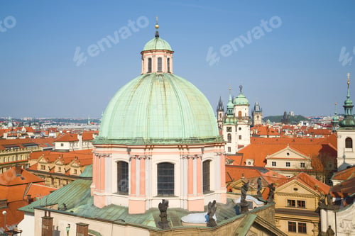 Preview: Dome Of The St. Francis Of Assisi Cathedra Close-Up On A Sunny Afternoon. Prague, Czech Republic