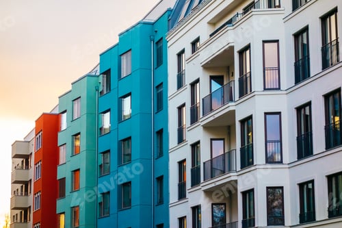 Preview: White, Blue And Red Colored Buildings In A Row
