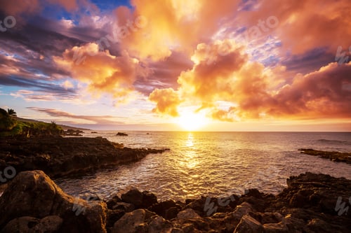 Amazing Hawaiian Beach At Fantastic Sunset. Beautiful Holidays Background.