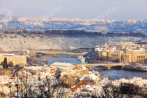 Preview: Snowy Prague City In The Sunny Day, Czech Republic