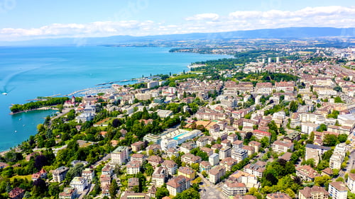 Preview: Lausanne, Switzerland. Flight Over The Central Part Of The City. The Coast Of Lake Geneva, Aerial