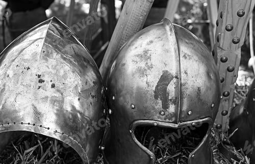 Preview: Medieval Armour Helmets Still Life in Black and White