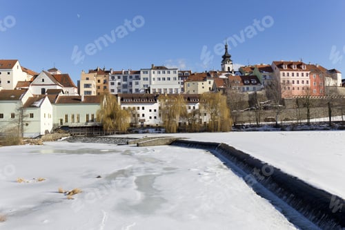 Preview: Colorful Royal Snowy Medieval Town Pisek Above The Frozen River Otava, Czech Republic