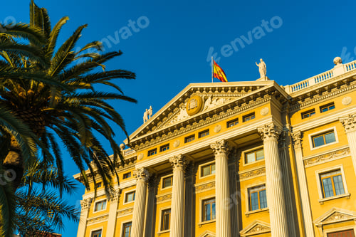 Preview: Parliament Building At Barcelona With Palms, Flags And Warm Sunlight