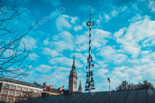 Preview: View Of Maypole With St. Peters Church Clock Tower In Background, Rooftops Over Victuals Market In