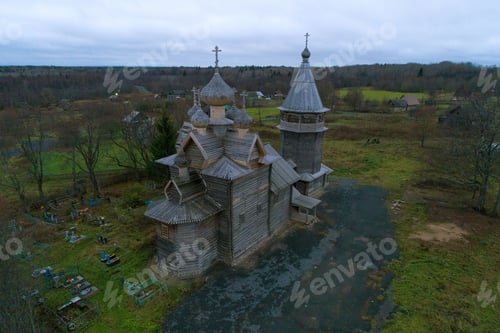 Preview: Old Wooden Church Of Dmitry Solunsky In November Evening (Shooting From A Quadrocopter). Village