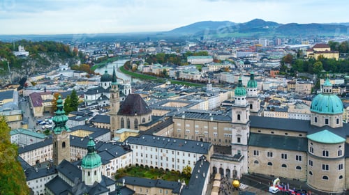 Preview: View From Hohensalzburg Castle On Kapitelplatz, St Peter'S Abbey, Franciscan Church And Salzburg