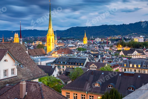 Preview: Zurich. Aerial View Of The City In Night Lighting.