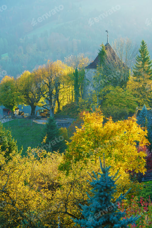 Preview: Landscape With A Castle In The Misty Rays Of The Setting Sun And Autumn Forest, Gruyeres