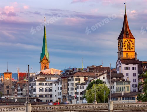 Preview: View Of The Facades Of Old Medieval Houses On The City Promenade At Dawn. Zurich. Switzerland.