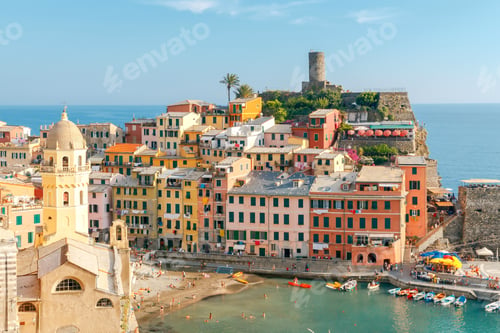 Preview: The View From The High Hill Village Of Vernazza And The Old Harbor At Sunset. Cinque Terre National