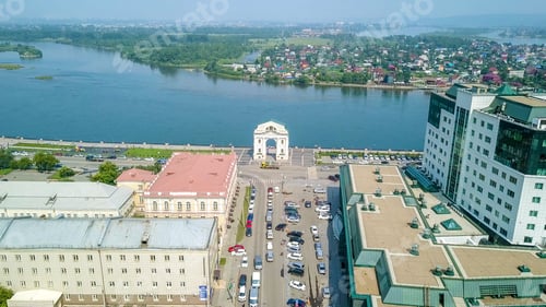 Preview: Russia, Irkutsk. Moscow Gate. Landmark On The Embankment Of The Angara River, From Dron