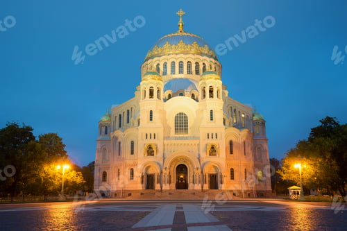 Preview: The Naval Cathedral Of St. Nicholas In Anchor Square White Night. Kronshtadt, Russia
