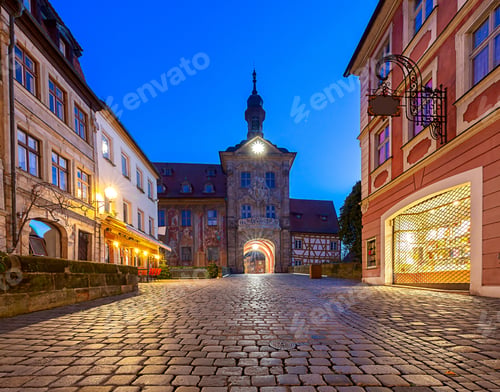 Preview: The Building Of The Old Medieval Town Hall On The Bridge Over The River At Dawn. Bamberg. Bavaria