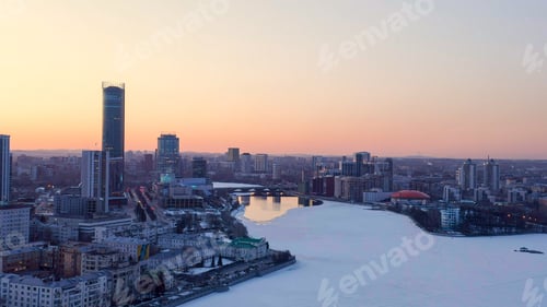Preview: Ekaterinburg, Russia. City Center, Silhouettes Of Houses. City Pond After Sunset. Early Spring
