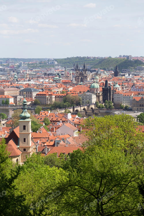 Preview: View On The Spring Prague City With The Green Nature And Flowering Trees, Czech Republic