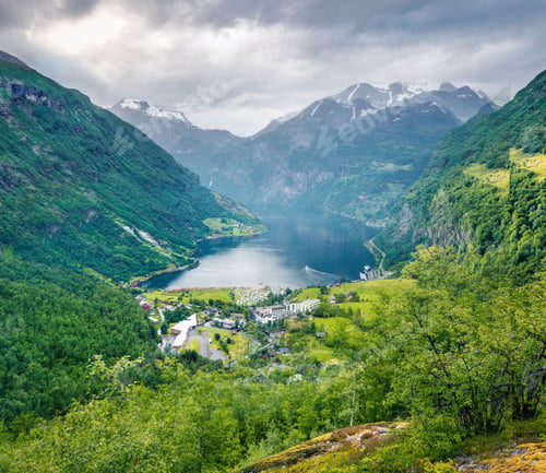 Preview: Picturesque Summer Scene Of Geiranger Port, Western Norway. Aerial Evening View Of Sunnylvsfjorden