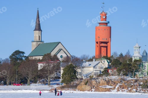 Preview: Church And Old Water Tower In A Winter Cityscape. Hanko, Finland