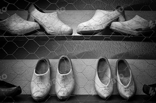 Preview: Antique Wooden Clogs Footwear In Trade, Business And Complement