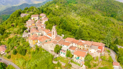 Preview: Carrodano Superiore, Italy. Province Of La Spezia. Mountain Wooded Landscape. View From Above