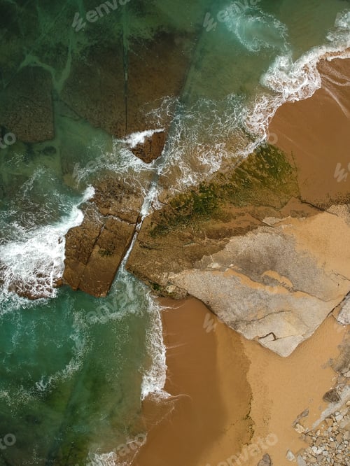 Preview: Aerial View Of Sandy Beach With Waves And Clear Ocean Water. Drone Photo