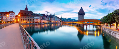 Preview: Scenic View Of The Chapel, Kapellbrucke Bridge, Wasserturm Tower In The Lantern Light At Sunrise