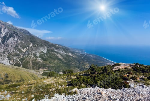 Preview: Summer Llogara Pass Sunshiny View With Road, Herd Of Goats On Slope And Sea Water Surface (Albania)