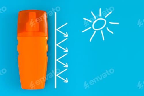 Preview: Sunscreen In An Orange Plastic Bottle With A Spray On A Blue Background With White Painted Sun And