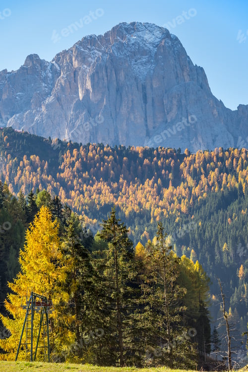 Preview: Autumn Alpine Dolomites Mountain Scene, Sudtirol, Italy. Peaceful View Near Wolkenstein In Groden