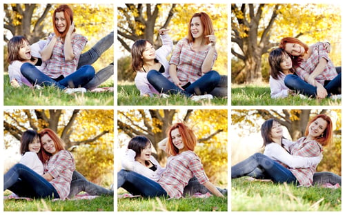 Preview: Collage Photos Of Two Beautiful Girlfriends At The Autumn Park Near Tree.