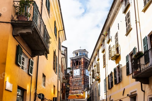 Preview: Architecture Of The Medieval Piedmont City Of Cuneo In Italy. Church With Clock On The Bell Tower