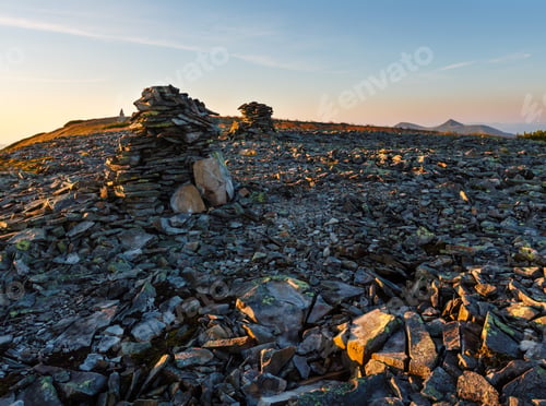 Preview: Stony Piles On Summer Morning Carpathian Mountain Top. View From Stony Summit Of Ihrovets Mount