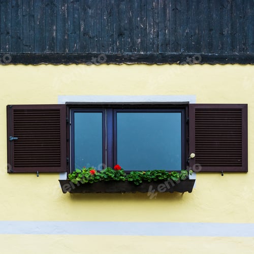 Preview: Typical Window Of A House In A Small Town In Austria. Home In The Austrian City Of Hallstatt On A