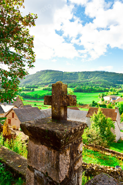 Preview: Stone Cross On The Background Of The French Town