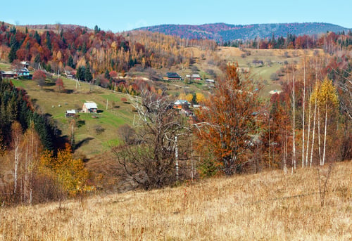 Preview: Autumn Carpathian Village Morning Landscape (Ivano-Frankivsk Oblast, Ukraine). Rural Scene.