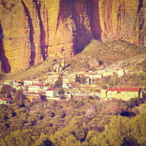 Preview: Spanish Medieval Village At The Foot Of The Rocks In The Pyrenees, Instagram Effect