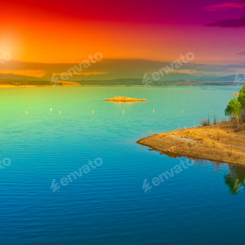 Preview: Sunset Over A Mountain Lake In Spain, Instagram Effect