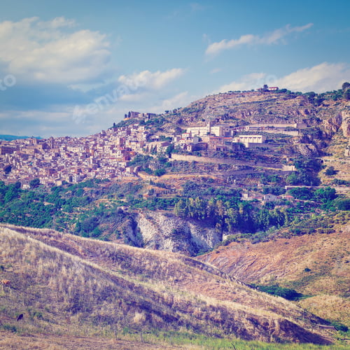 Preview: The Typical Sicilian Medieval Town On The Top Of The Mountain, Retro Effect