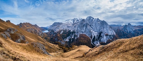 Preview: Autumn Evening Alpine Dolomites Mountain Scene From Hiking Path Betwen Pordoi Pass And Fedaia Lake
