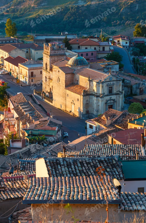 Preview: Sunrise Old Medieval Stilo Famos Calabria Village View, Southern Italy.