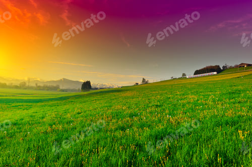Preview: Pasture Along The Railroad In Switzerland, Sunset