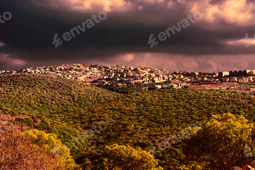 Preview: Galilee Mountains Arab Settlement In Israel At Sunset. Panorama Of Galilee- The Northern District