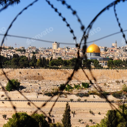 Preview: View From The Mount Of Olives On The Dome Of The Rock Through The Barbed Wire In Jerusalem, Israel
