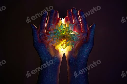 Preview: Beauty Hands Of A Woman In Ultraviolet Light With Flowers In The Palms. Cosmetics For Hand Skin Care