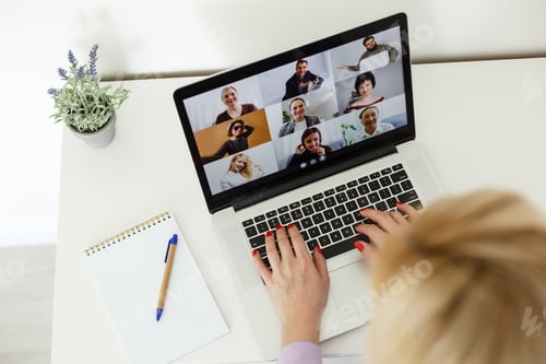 Preview: Back View Of Female Employee Speak Talk On Video Call With Diverse Multiracial Colleagues On Online