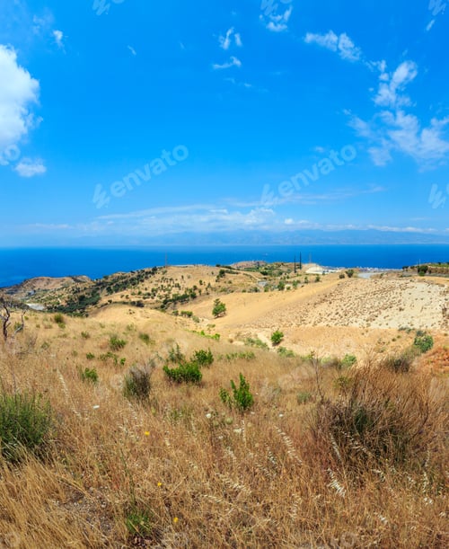 Preview: Picturesque Summer View To Sea And Sicily Island In Far From Mountain Hills In Motta San Giovanni